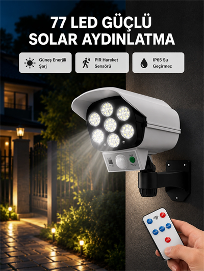 77 LEDli Güneş Enerjili Güvenlik Lambası ve Kukla Kamera – Hareket Sensörlü, 2400mAh Pilli