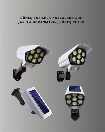 77 LEDli Güneş Enerjili Güvenlik Lambası ve Kukla Kamera – Hareket Sensörlü, 2400mAh Pilli
