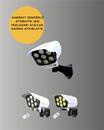 77 LEDli Güneş Enerjili Güvenlik Lambası ve Kukla Kamera – Hareket Sensörlü, 2400mAh Pilli