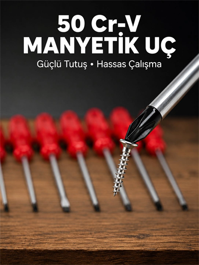 7li Düz ve Yıldız Tornavida Seti Çelik Manyetik Uçlu