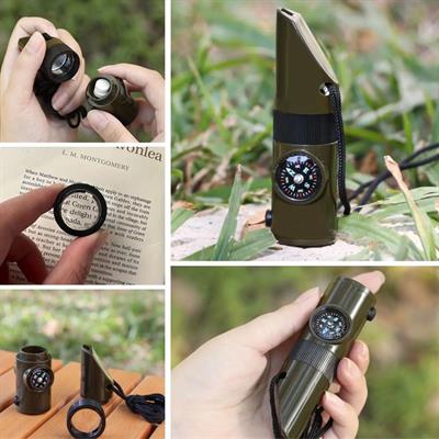 7si 1arada Acil Durum Düdüğü,El Feneri, Termometre,Pusula,Büyüteç,Depolama Bölmeli Kampçı Düdüğü (3936)