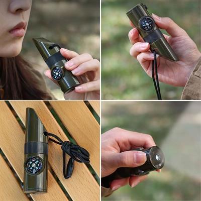 7si 1arada Acil Durum Düdüğü,El Feneri, Termometre,Pusula,Büyüteç,Depolama Bölmeli Kampçı Düdüğü (3936)