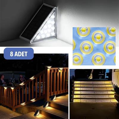 8 Adet Üçgen  Güneş Enerjisi ile Şarj Olan Dış Mekan Solar Basamak Köşe Lambası (3936)