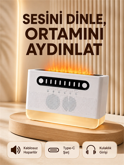 8 Çeşit Beyaz Gürültülü Kablosuz Hoparlör ve Renkli Alev Efektli Gece Lambası