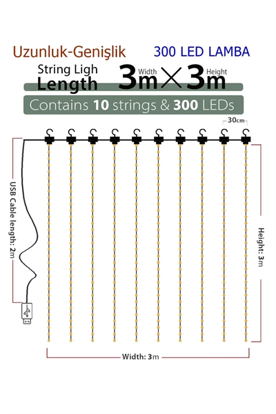 8 Fonksiyonlu Peri Perde Led Uzaktan Kumandalı Günışığı Perde Peri Led (3 Mt X 3 Mt)