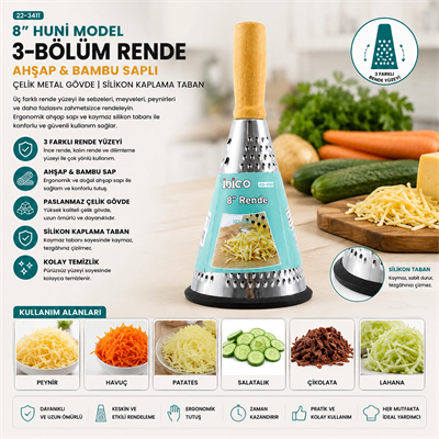 8 İnç - Huni Model   Ahşap - Bambu Saplı  Metal Rende  Silikon Tabanlı Bx40
