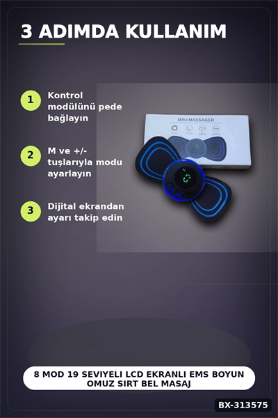8 Mod 19 Seviyeli LCD Ekranlı EMS Boyun Omuz Sırt Bel Masaj Bandı USB Şarjlı BX-313575