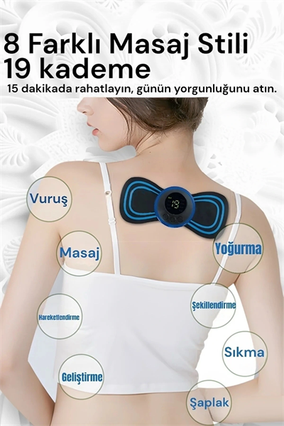 8 Modlu Mini Şarjlı Kelebek LCD Ekran Ems Boyun Omuz Kol Sırt Elektrikli Masaj Bantı Kas Stimülatörü