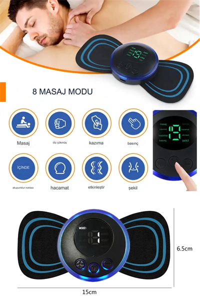 8 Modlu Mini Şarjlı Kelebek LCD Ekran Ems Boyun Omuz Kol Sırt Elektrikli Masaj Bantı Kas Stimülatörü