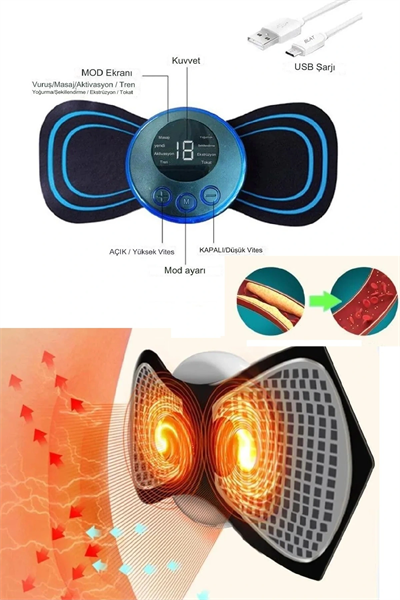 8 Modlu Mini Şarjlı Kelebek LCD Ekran Ems Boyun Omuz Kol Sırt Elektrikli Masaj Bantı Kas Stimülatörü