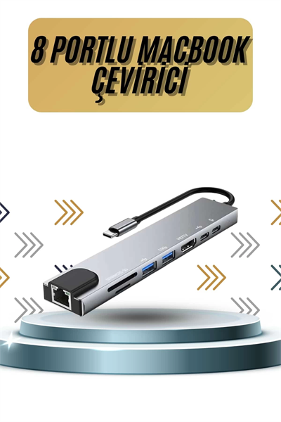 8 Portlu Macbook Çevirici Type C Hub  SD TF USB Çoğaltıcı Ethernet