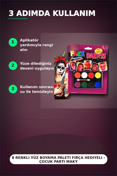 8 Renkli Yüz Boyama Paleti Fırça Hediyeli - Çocuk Parti Makyaj Seti 1 Adet BX-313451