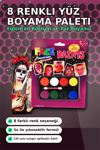 8 Renkli Yüz Boyama Paleti Fırça Hediyeli - Çocuk Parti Makyaj Seti 1 Adet BX-313451