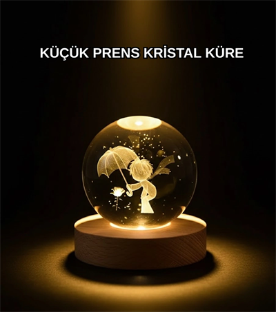 8 cm Küçük Prens 3D Kristal Küre USB Işıklı Ahşap Altlıklı Dekoratif Lamba