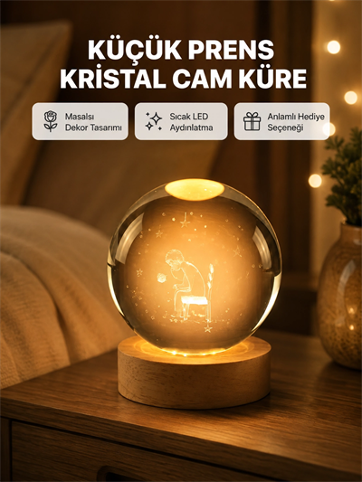 8 cm Küçük Prens Cam Küre USB Işıklı Ahşap Tabanlı Dekor