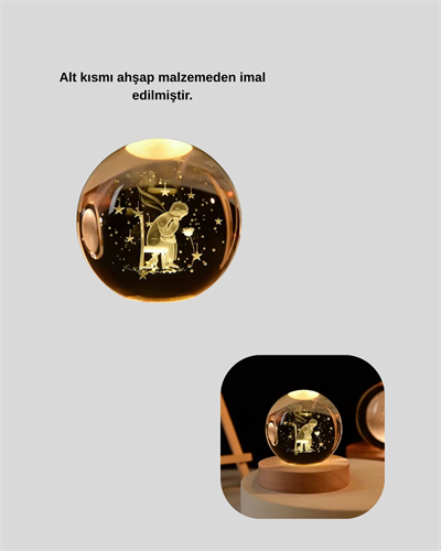 8 cm Küçük Prens Cam Küre USB Işıklı Ahşap Tabanlı Dekor