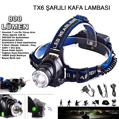 800 Lümen Tx6 Şarjlı Zoomlu Kafa Feneri Wt-120