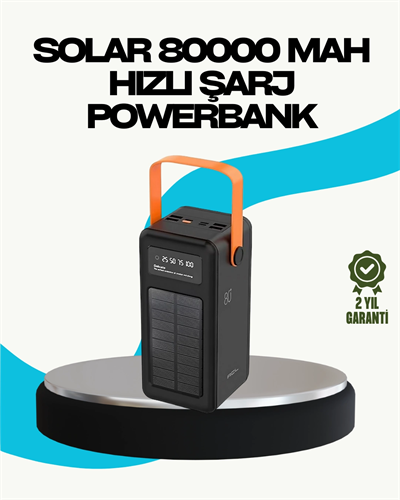 80000 mAh Güneş Enerjili Powerbank 4 Kablolu Type C Lightning Micro USB