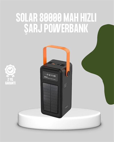 80000 mAh Solar Powerbank Göstergeli Fenerli Hızlı Şarj Taşınabilir Şarj Cihazı