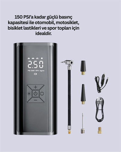 80W Kablosuz Dijital Ekranlı Taşınabilir Lastik Şişirme Pompası