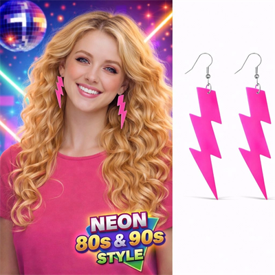 80’ler 9039lar Retro Neon Pembe Şimşek Küpe 10 Cm