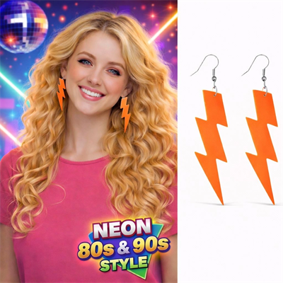 80’ler 9039lar Retro Neon Turuncu Şimşek Küpe 10 Cm