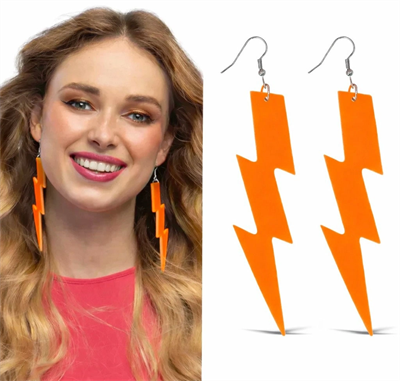 80’ler 9039lar Retro Neon Turuncu Şimşek Küpe 10 Cm