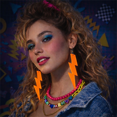 80’ler 9039lar Retro Neon Turuncu Şimşek Küpe 10 Cm