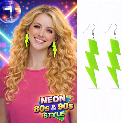 80’ler 9039lar Retro Neon Yeşil Şimşek Küpe 10 Cm