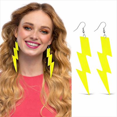 80’ler 90'lar Retro Neon Sarı Şimşek Küpe 10 Cm