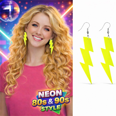 80’ler 90'lar Retro Neon Sarı Şimşek Küpe 10 Cm Bx40