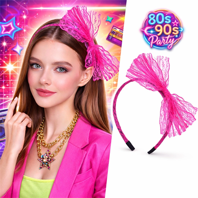 80’ler 90’lar Neon Pembe Dantel Taç Fiyonklu
