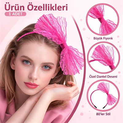 80’ler 90’lar Neon Pembe Dantel Taç Fiyonklu