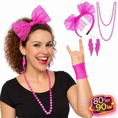 80’ler 90’lar Neon Pembe Parti Seti – Kolye Küpe Taç