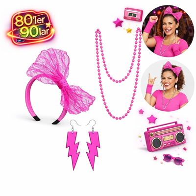 80’ler 90’lar Neon Pembe Parti Seti – Kolye Küpe Taç