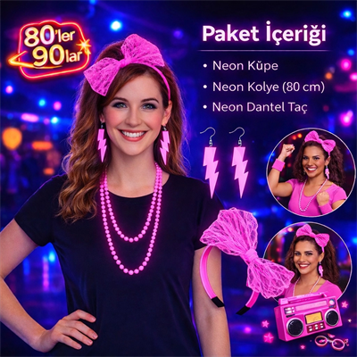 80’ler 90’lar Neon Pembe Parti Seti – Kolye Küpe Taç