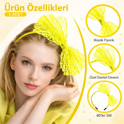80’ler 90’lar Neon Sarı Dantel Taç Fiyonklu