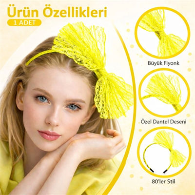 80’ler 90’lar Neon Sarı Dantel Taç Fiyonklu