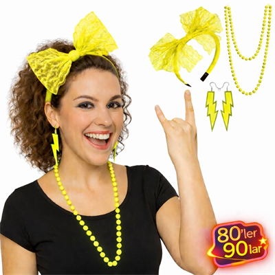 80’ler 90’lar Neon Sarı Parti Seti – Kolye Küpe Taç