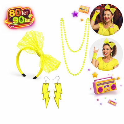 80’ler 90’lar Neon Sarı Parti Seti – Kolye Küpe Taç