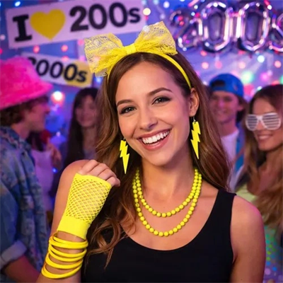 80’ler 90’lar Neon Sarı Parti Seti – Kolye Küpe Taç