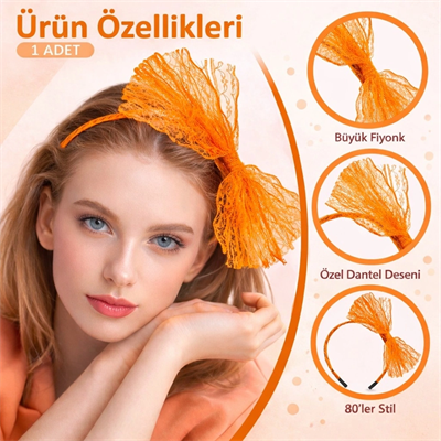 80’ler 90’lar Neon Turuncu Dantel Taç Fiyonklu