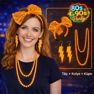 80’ler 90’lar Neon Turuncu Parti Seti – Kolye Küpe Taç