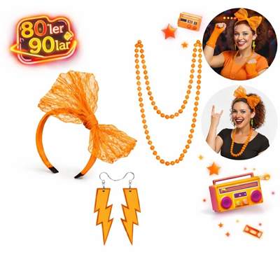 80’ler 90’lar Neon Turuncu Parti Seti – Kolye Küpe Taç