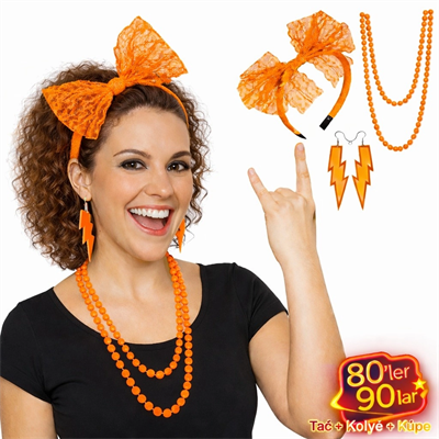80’ler 90’lar Neon Turuncu Parti Seti – Kolye Küpe Taç