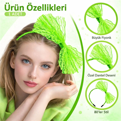 80’ler 90’lar Neon Yeşil Dantel Taç Fiyonklu
