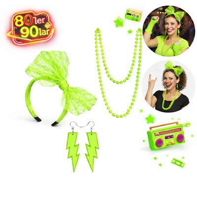80’ler 90’lar Neon Yeşil Parti Seti – Kolye Küpe Taç