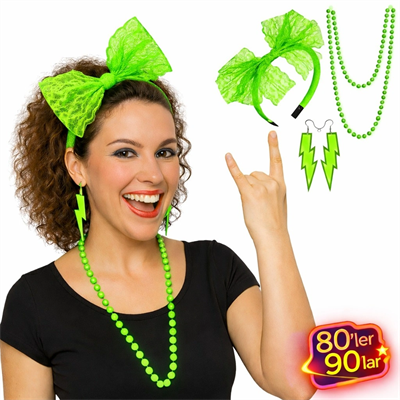 80’ler 90’lar Neon Yeşil Parti Seti – Kolye Küpe Taç