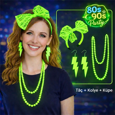 80’ler 90’lar Neon Yeşil Parti Seti – Kolye Küpe Taç