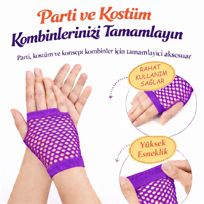 80’ler 90’lar Retro Mor File Parmaksız Kısa Eldiven 11 Cm
